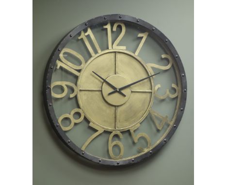 Large metal cased circular wall clock with gilt numeral, battery movement, D70cm 
