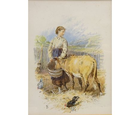 Girl Feeding Cow, colour print after Myles Birket Foster (British 1825-1899) 12.5cm x 9.5cm