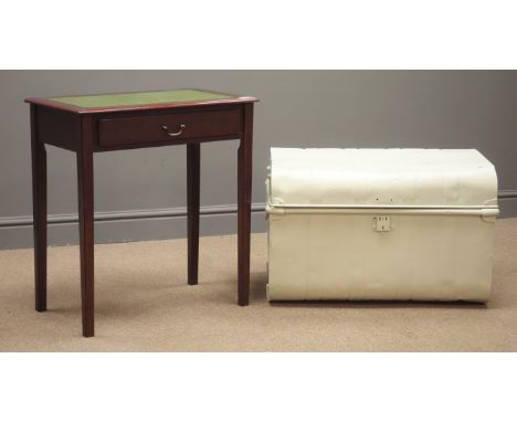 Grey painted tin trunk, hinged lid, (W72cm, H45cm, D48cm) and a reproduction mahogany side table, leather inset top, single d