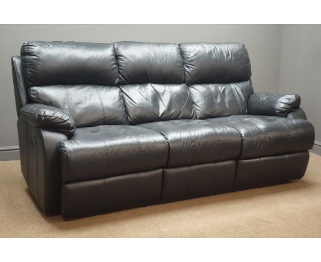 Three seat manual reclining sofa (W200cm), and matching electric reclining armchair upholstered in black leather (This item i