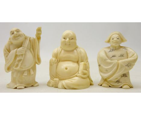 Three Japanese Meiji Period Ivory Netsukes, two modelled as Hotei and another figure in a robe, two signed (3)