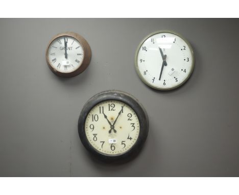 'International Time Recording Co. Ltd' circular wall clock, .TR Services' slave clock, 'GRANT Pul-syn-etic' circular copper c
