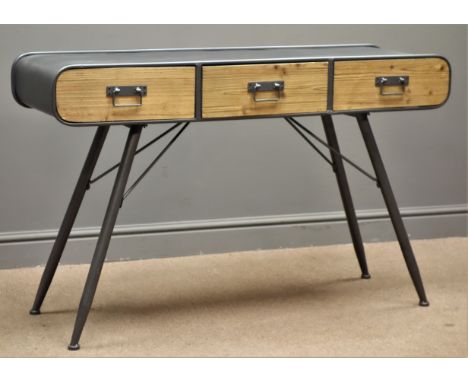 Retro industrial style pine and metal three drawer desk/console table, W121cm, H75cm, D39cm