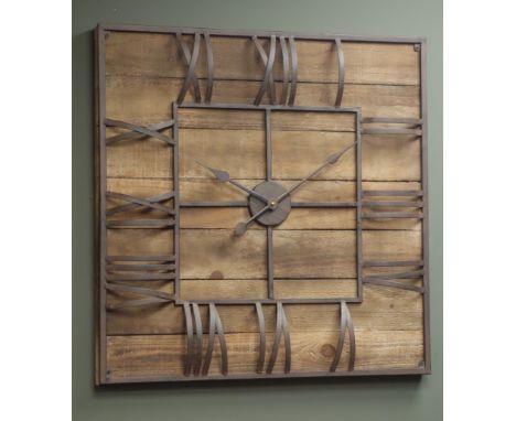 Large planked pine square wall clock, open framed chapter ring with convex Roman numerals, battery movement, 70cm x 70cm