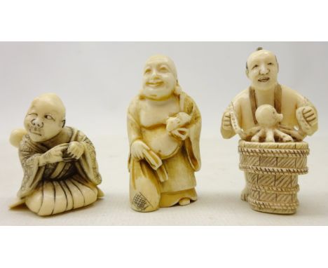 Three Japanese Meiji Period Ivory Netsukes, Fisherman with Octopus, seated figure winking and a rat catcher, all signed (3)