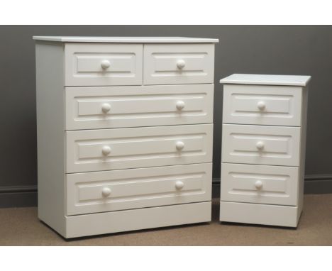 Ivory finish chest, two short and three long drawers, plinth base on castors, (W83cm H97cm, D45cm) and matching bedside chest