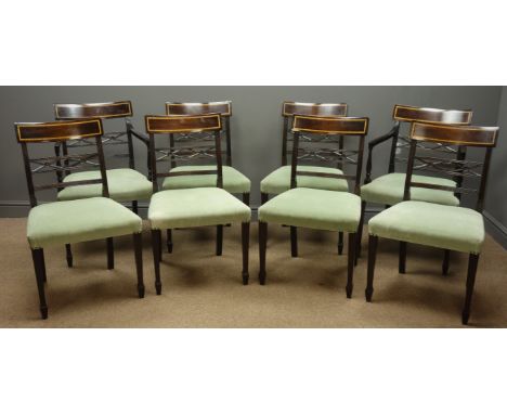 Set eight (6+2) Georgian style mahogany dining chairs, satinwood banded top rail, pierced and reeded backs, light green velve