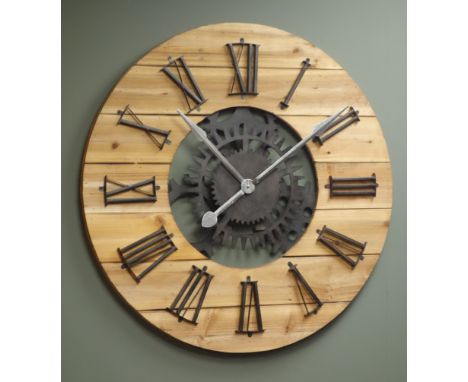 Large circular planked pine wall clock with Roman numerals, skeleton simulated workings with battery movement, Diameter - 80c