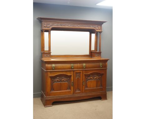 Edwardian walnut sideboard raised bevel edged mirror back, projecting cornice, carved foliate frieze, turned column supports 