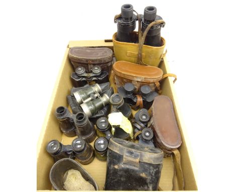 Pair of Ross London 'Stepnite' binoculars and eight other pairs of vintage binoculars, in one box