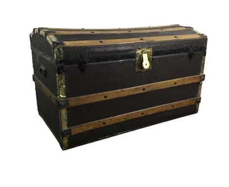 VINTAGE TRAVEL TRUNK, with domed top, brass lock and wood bound90cm wide 