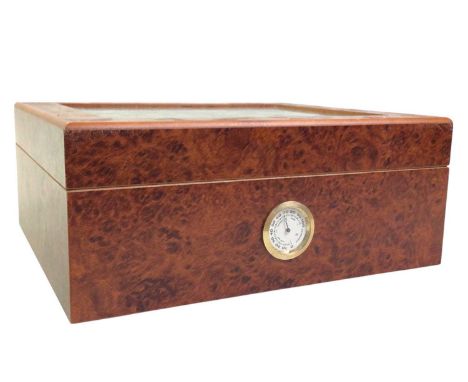 BURR WOOD HUMIDOR, hinged glazed top, outer thermometer26cm x 22cm