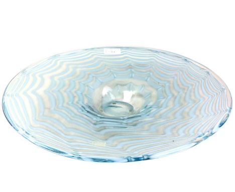 WATERFORD 'EVOLUTION' SHALLOW FRUIT BOWL, the clear glass ground with irregular spiral in light blue, etched signature38cm di