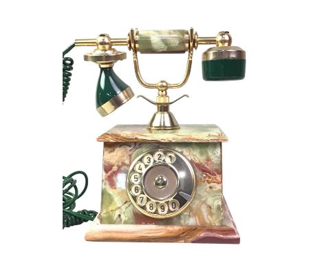 BRASS AND ONYX TELEPHONE, AND OTHER ITEMS comprising a floor standing ashtray, white metal and frosted glass vase and an Art 