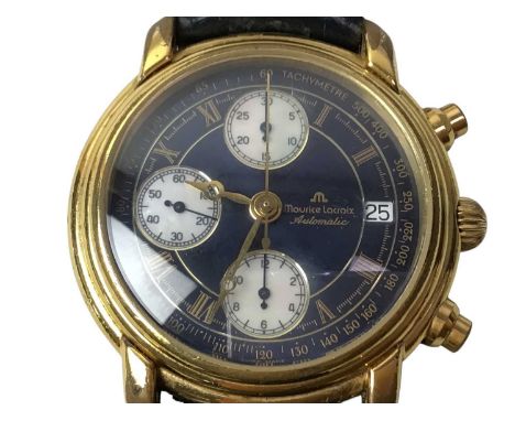 MAURICE LACROIX GOLD PLATED WRIST WATCH, the round blue dial with three subsidiary dials, on a navy blue leather strap, in bo