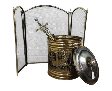 EMBOSSED BRASS FUEL BIN, ALONG WITH OTHER ITEMS  comprising a fire screen, fireguard and companion stand