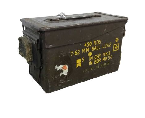 BRITISH MILITARY ISSUE AMMUNITION BOX, 7.62mm 450 RDS L2A2, empty, along with tin trunkthe trunk 91cm wide Qty: 2