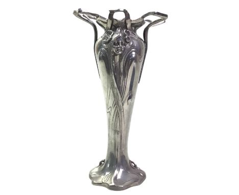 ART NOUVEAU CAST PEWTER VASE, AND A COLLECTION OF METAL AND BRASSWARE  the vase with figural decoration, along with a dish, p