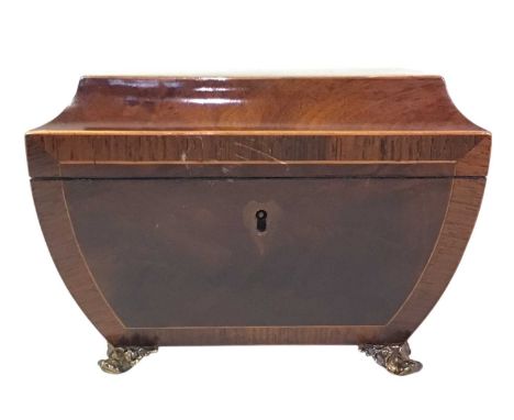 VICTORIAN MAHOGANY AND ROSEWOOD TEA CADDY, MID / LATE 19TH CENTURY of sarcophagus form, with two division interior, twin ring