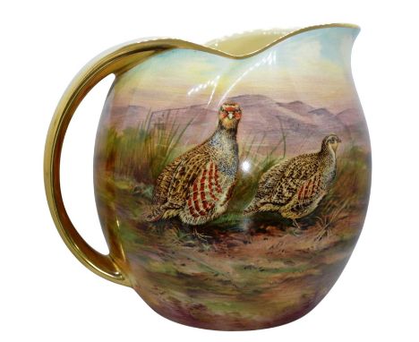 B AUSTIN FOR ROYAL WINTON, GAME BIRD PITCHER JUG, EARLY 20TH CENTURY Art Deco in form, style and period, hand painted with ga