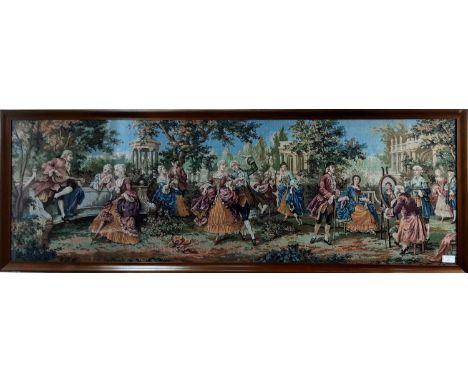 NEEDLEWORK TAPESTRY, LATE 19TH/ EARLY 20TH CENTURY depicting an 18th century sceneframed and under glass53cm x 151cm