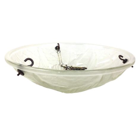 FROSTED GLASS PLAFONNIER, IN THE MANNER OF LALIQUE moulded with fruiting foliage, with chromed fittings comprising three hook