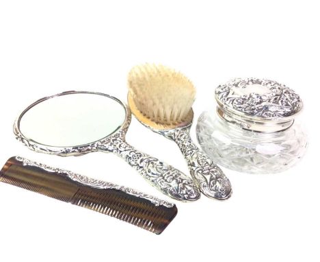 SILVER BACKED DRESSING TABLE SET, BIRMINGHAM  comprising hand mirror, brush, comb and powder bowl, embossed with scrollsscrat