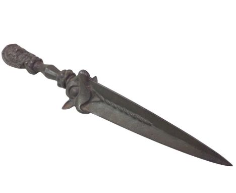 TIBETAN CAST METAL BUDDHIST RITUAL PHURBA DAGGER, ALONG WITH A SMALLER EXAMPLE AND AN AXE with zoomorphic detail and the hand