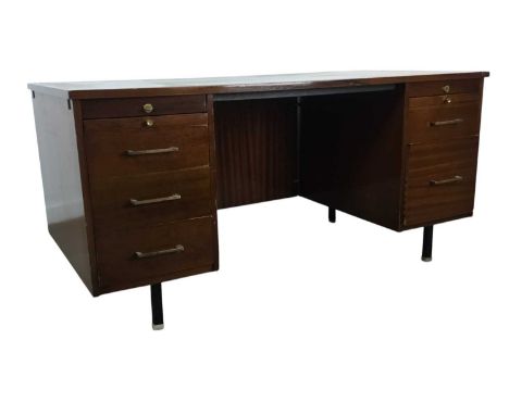 RETRO PEDESTAL WRITING DESK, the twin pedestals fitted with drawers73cm x 152cmVery heavily used item. Top has a lot of scrat