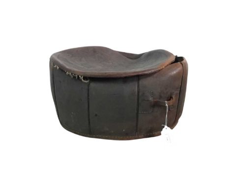 MID CENTURY MAHOGANY SPINNING CHAIR, AND A LEATHER HASSOCK also a circular aneroid barometerthe hassock 53cm diameter Qty: 3