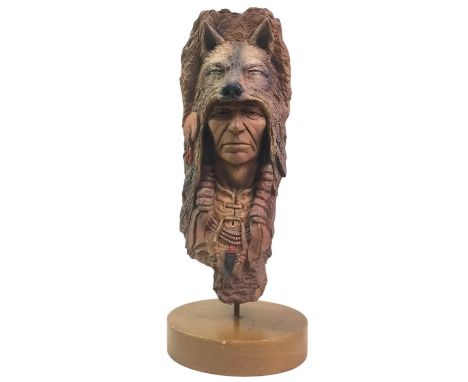 RESIN BUST OF FIRE WOLF, AFTER NEIL J. ROSE on oval wooden base, along with a resin figure of a crouching siren, Art Deco cre