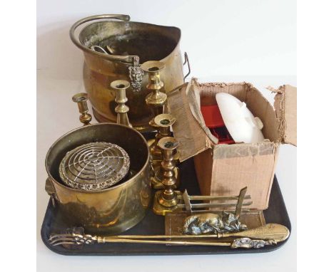 A brass "Fox & Fence" letter rack, various brass candlesticks, brass bucket and planterabd set of kitchen scales and weights 