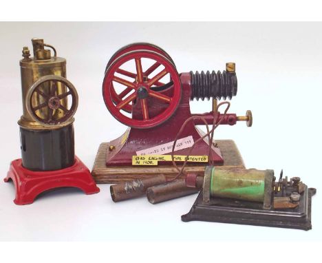 Heischmann static engine, cast iron gas engine on oak base and shocking coil on bakalite base. We cannot do condition reports