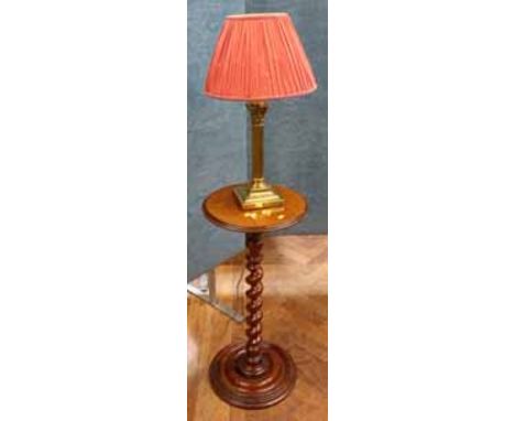 Victorian walnut torchere on barley-twist column and brass corinthian column table lamp We cannot do condition reports for th