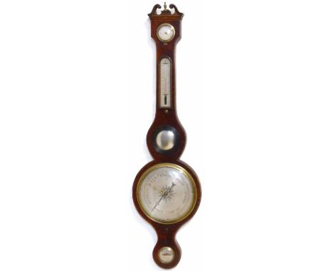 Mahogany banjo barometer with silvered hygrometer, thermometer, mirror, forecasting dial and level, fitted with a column of m