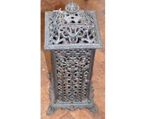 Victorian pierced cast iron lamp/stove casement enclosing red glass panels Rd. No. 305114 We cannot do condition reports for 