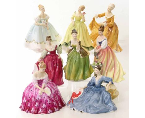 Eight Royal Doulton figures "Fair lady (red)" "Fleur" "Paula" "Kirsty", "Alexandra" "First Dance", "Victoria" and "Elyse" We 