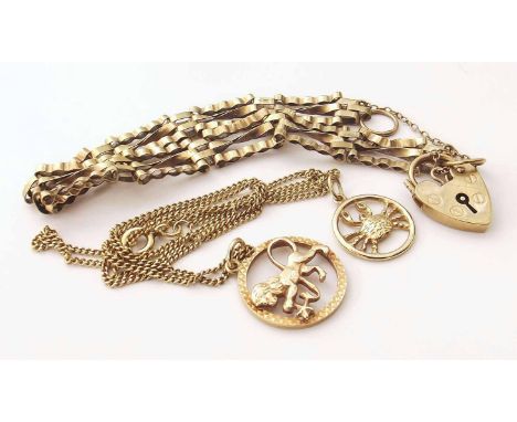 A 9ct gold chain with two 9ct gold pendants, one depicting a crab and the other depicting a lion. Also a gold padlock bracele