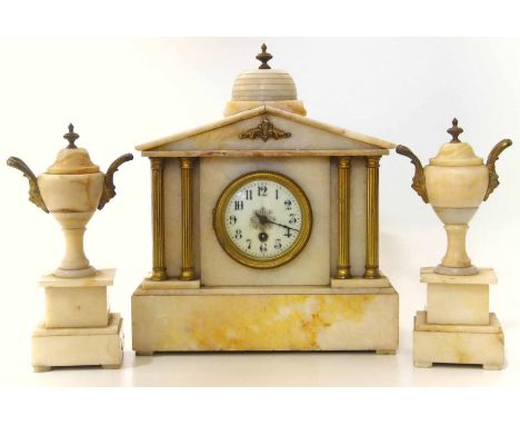 20th century marble clock in Greer temple design with a pair of garnitures We cannot do condition reports for this sale.