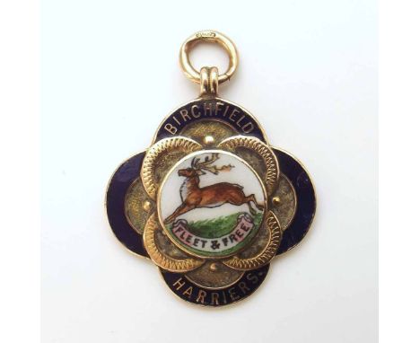 Gold and Enamel pendant with "Birchfield Harriers" engraved 9ct gold We cannot do condition reports for this sale.