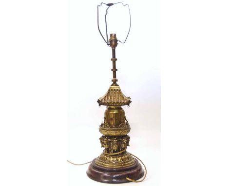 Brass Chinese pagoda table lamp, the base encorporating eight dogs of fo We cannot do condition reports for this sale.