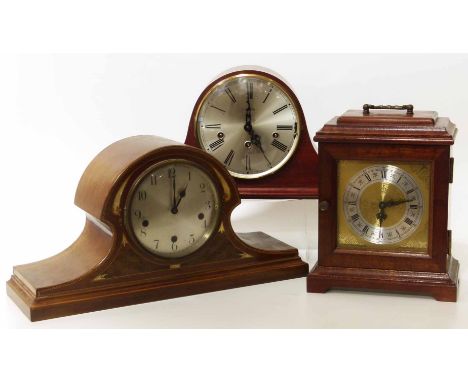 Three hardwood mantle clocks, one mahogany, three-train movement with westminster chime marked 'H. Samuel', one clock case wi