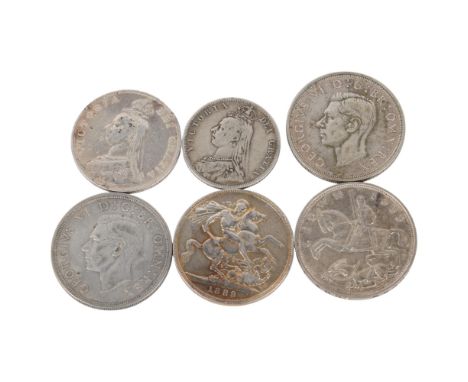 5 British silver Crown coins earliest 1889, latest 1937 and a 1887 Half-Crown, total 149.2g