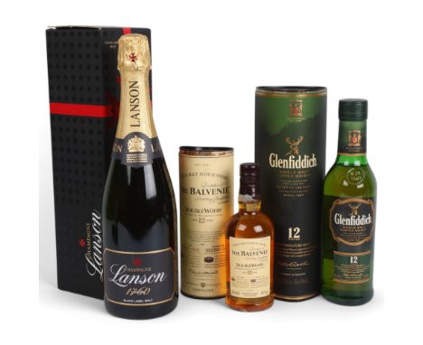 A bottle of Lanson Champagne Black Label NV, together with 2 half bottles of Single Malt Scotch Whisky Glenfiddich 12 Year Ol