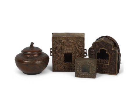 3 Nepalese brass prayer boxes, largest height 10cm, and a Chinese relief moulded antimony circular box and cover, diameter 9c