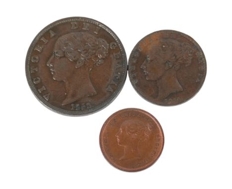 A Queen Victoria bronze bun-head 1856 Half-Penny and 1855 Farthing, 1844 Half-Frathing (3)