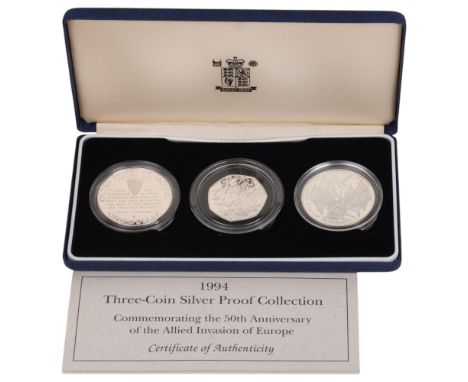 A 1994 Royal Mint 3 coin silver Proof set, commemorating 50th Anniversary of the Allied Invasion of Europe, US $1, French 1 F