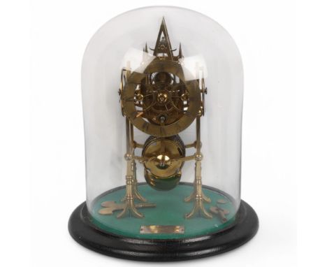 A 19th century brass triple dial skeleton clock, with front-mounted chapter ring and side-mounted date and day dials, chain d