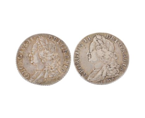 2 George II silver shillings 1745 &amp; 1758, 26mm, total 12g