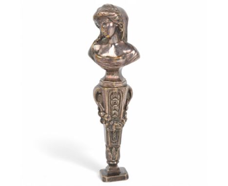 19th century silver plate on bronze desk seal, the handle having a double-sided woman's and man's head, height 10cm